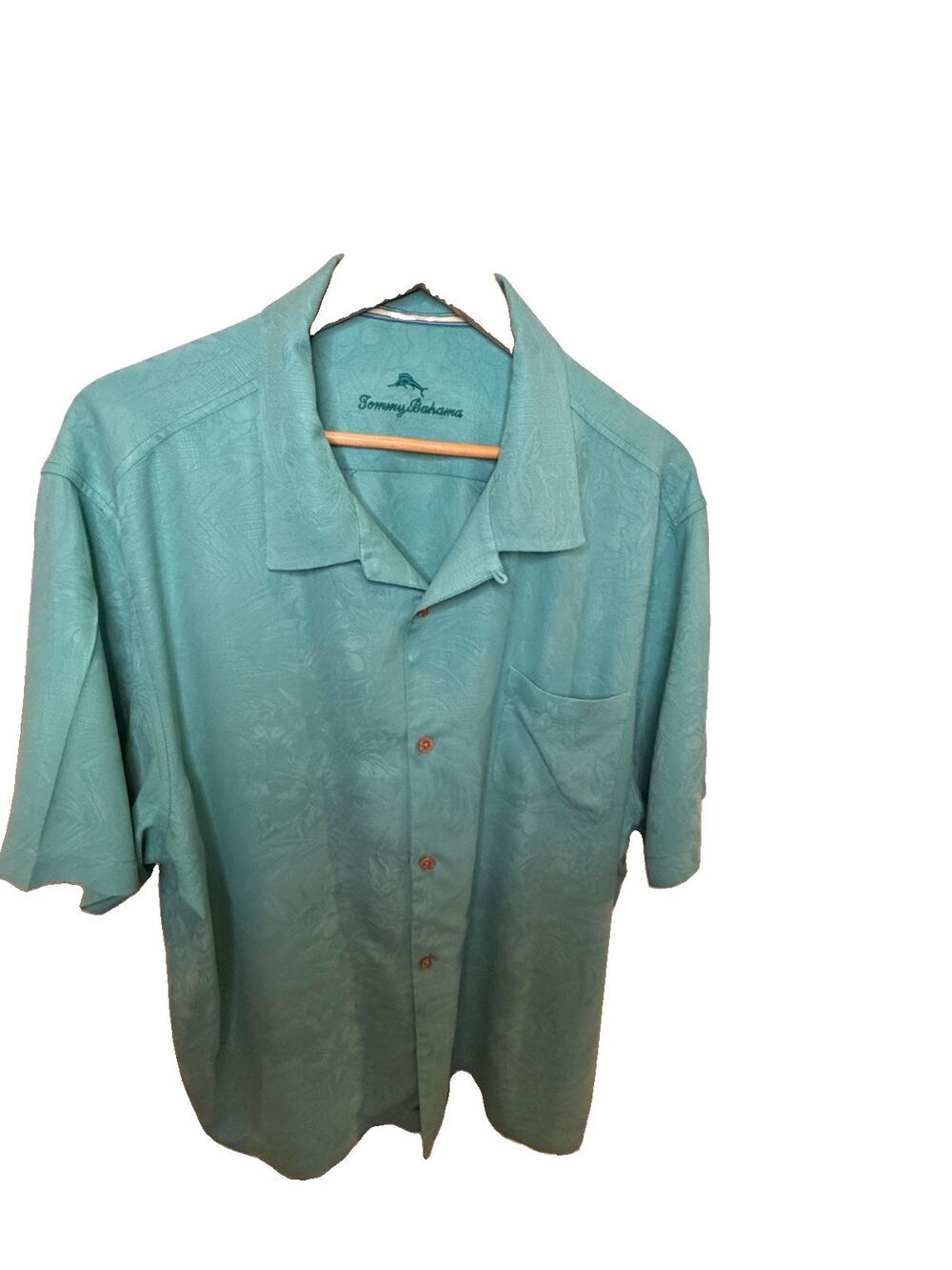 Tommy Bahama Men XXL Aqua Teal Tonal Floral Jacquard Short Sleeve Shirt
